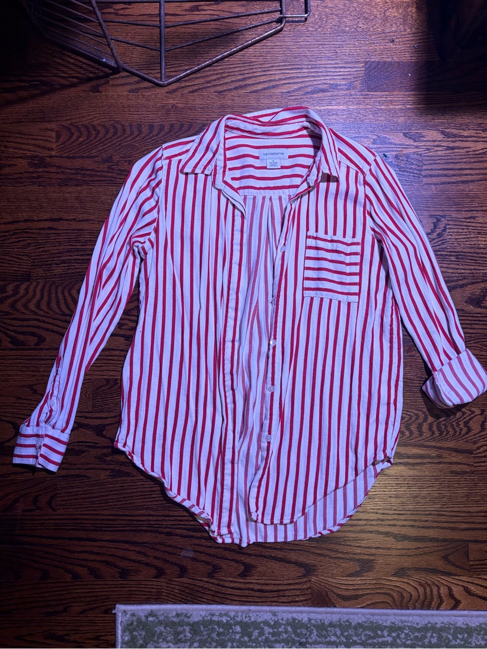Woman’s Red and White Striped Button-Up Shirt - Classic Collar